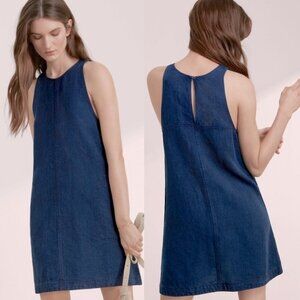 Aritzia Wilfred Linen Blend Blue Denim Sleeveless Mini Swing Dress Size XS